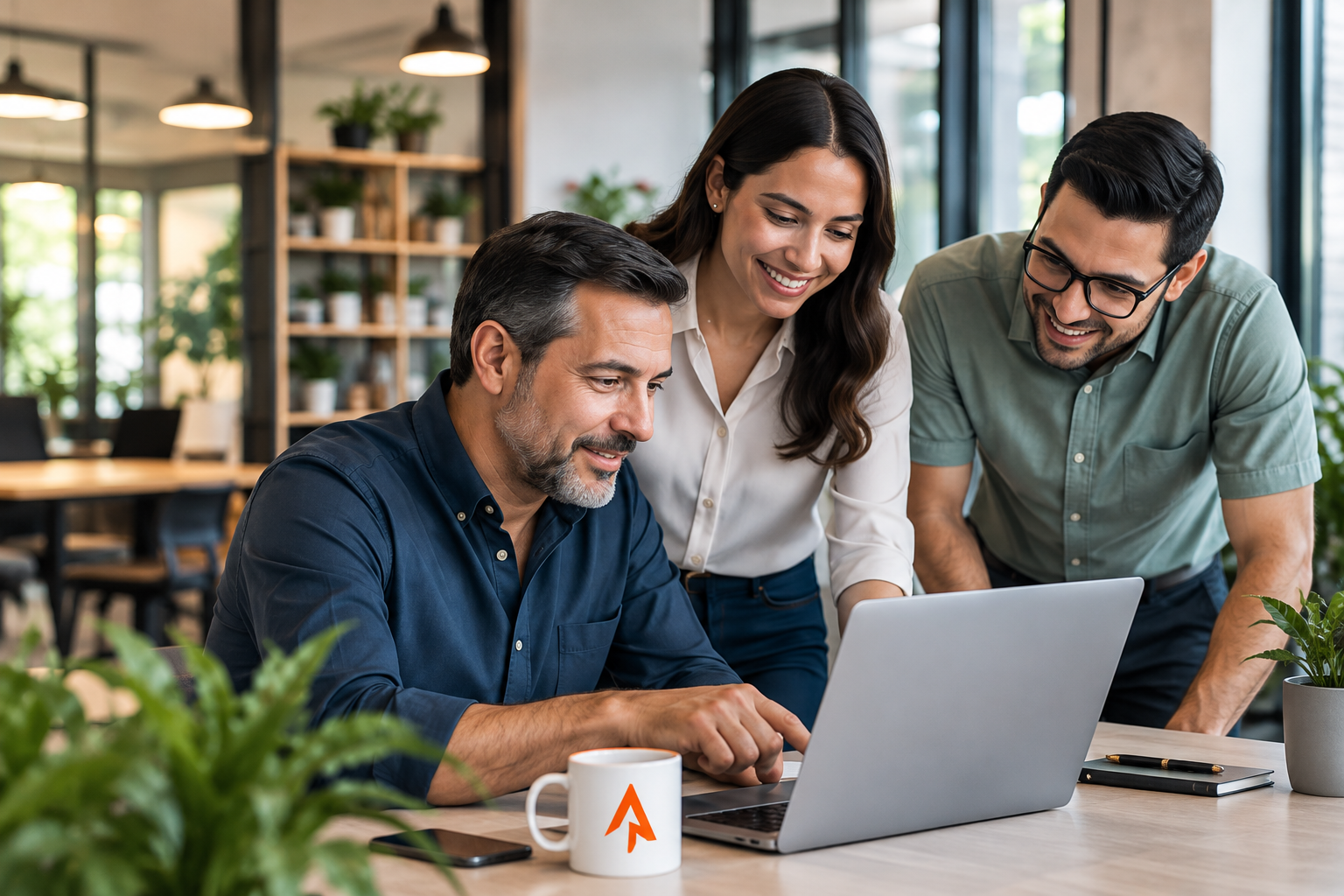 Equipo de una empresa trabajando en conjunto frente a una computadora